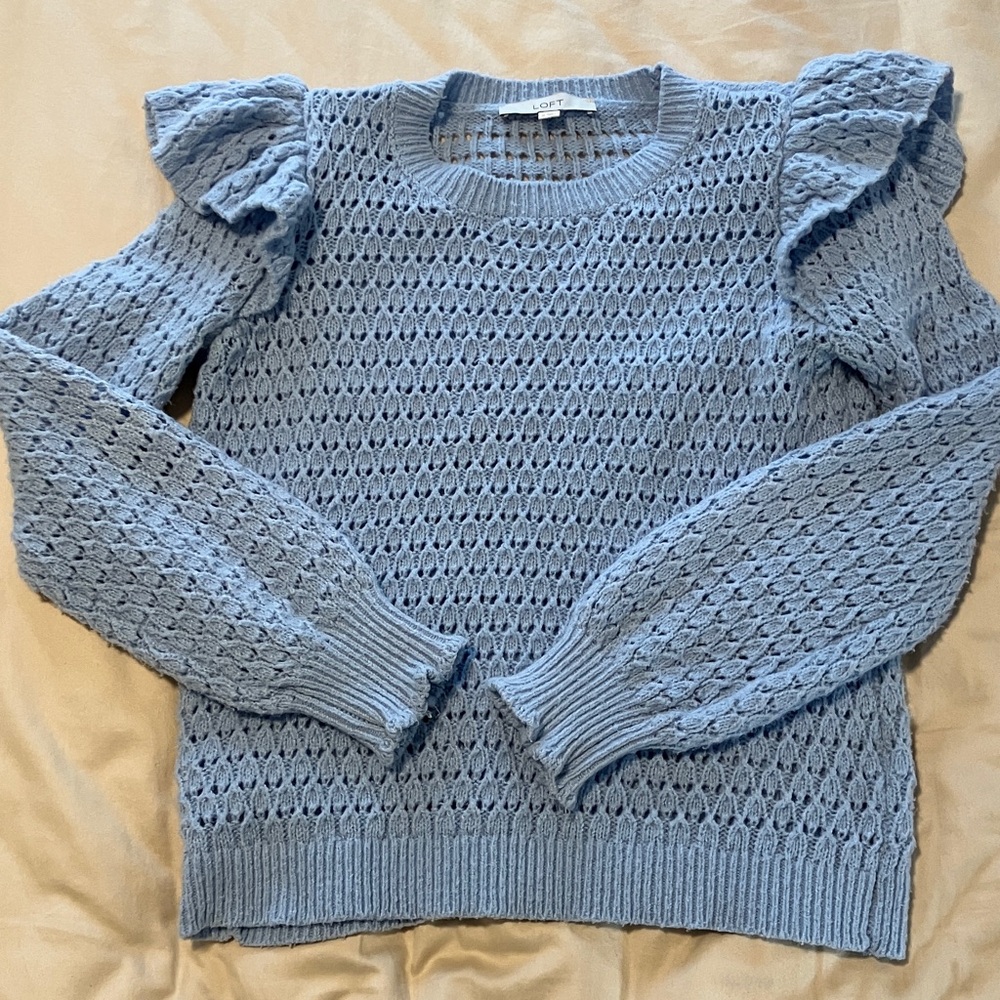 LOFT Light Blue Textured Sweater with Ruffle Sleeves